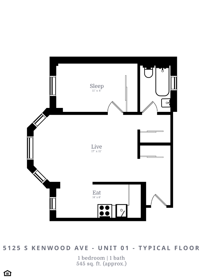 Floor plan for 1 bed, 1 bath, 545 sqft